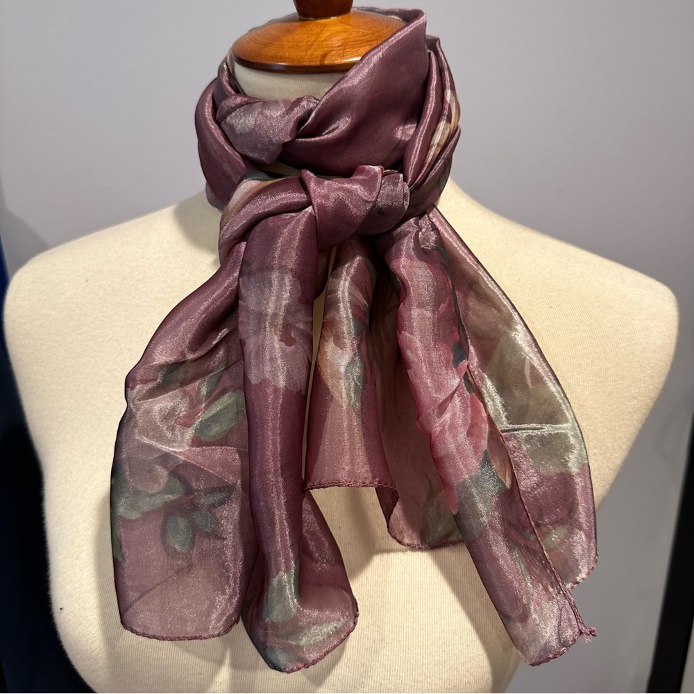 Vintage Cybele 65” x 12” Long Rectangle Sheer Rose Floral Burgundy Scarf